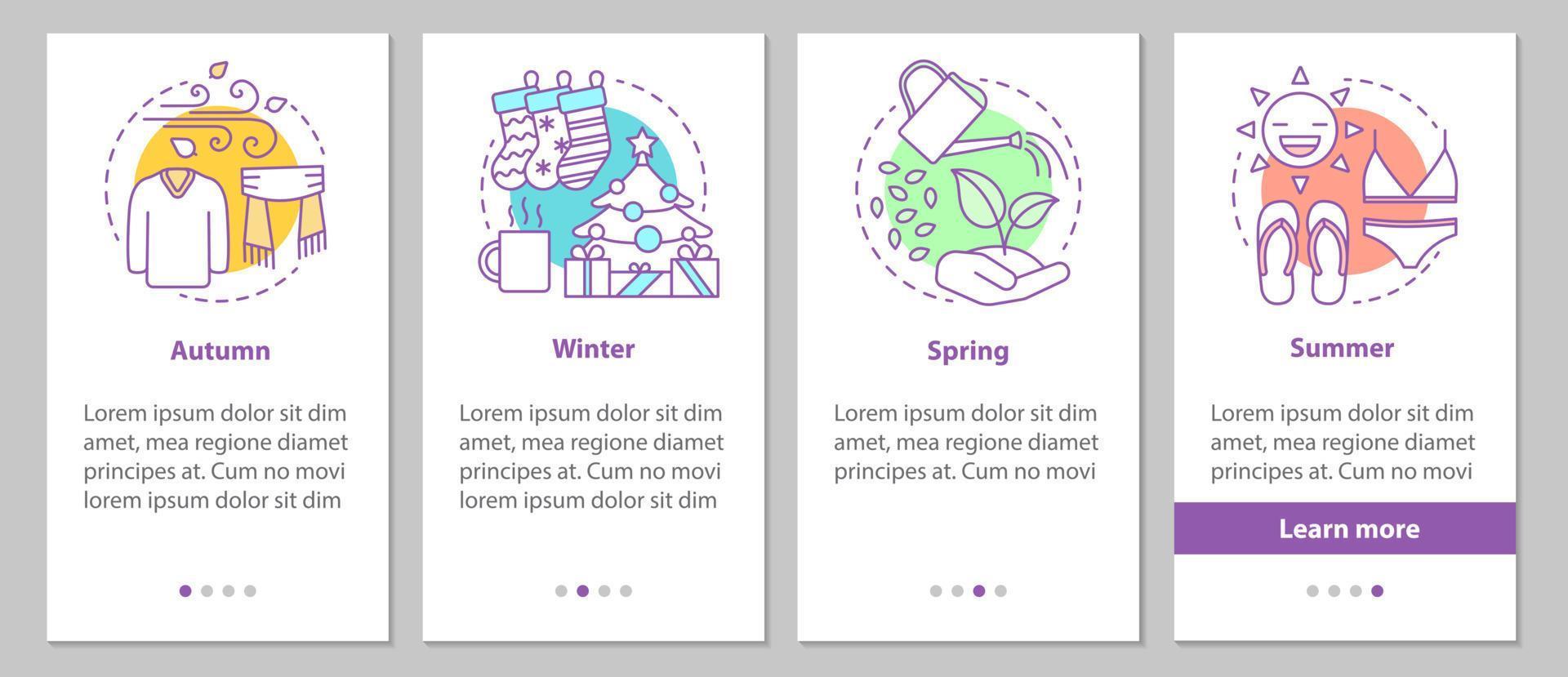 Four seasons onboarding mobile app page screen with linear concepts. Winter, autumn, spring, summer steps graphic instructions. UX, UI, GUI vector template with illustrations