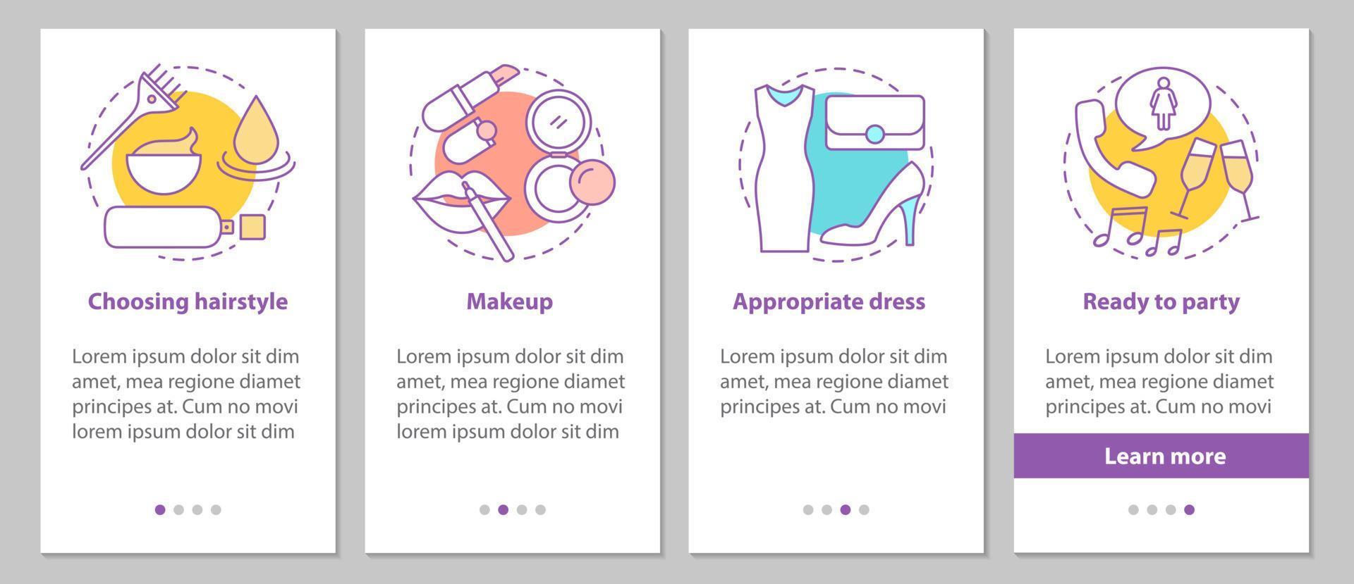 preparándose para la pantalla de la página de la aplicación móvil de incorporación de la fiesta con conceptos. salón de belleza pasos instrucciones gráficas. peinado apropiado, maquillaje, vestido. ux, ui, plantilla vectorial gui con ilustraciones vector