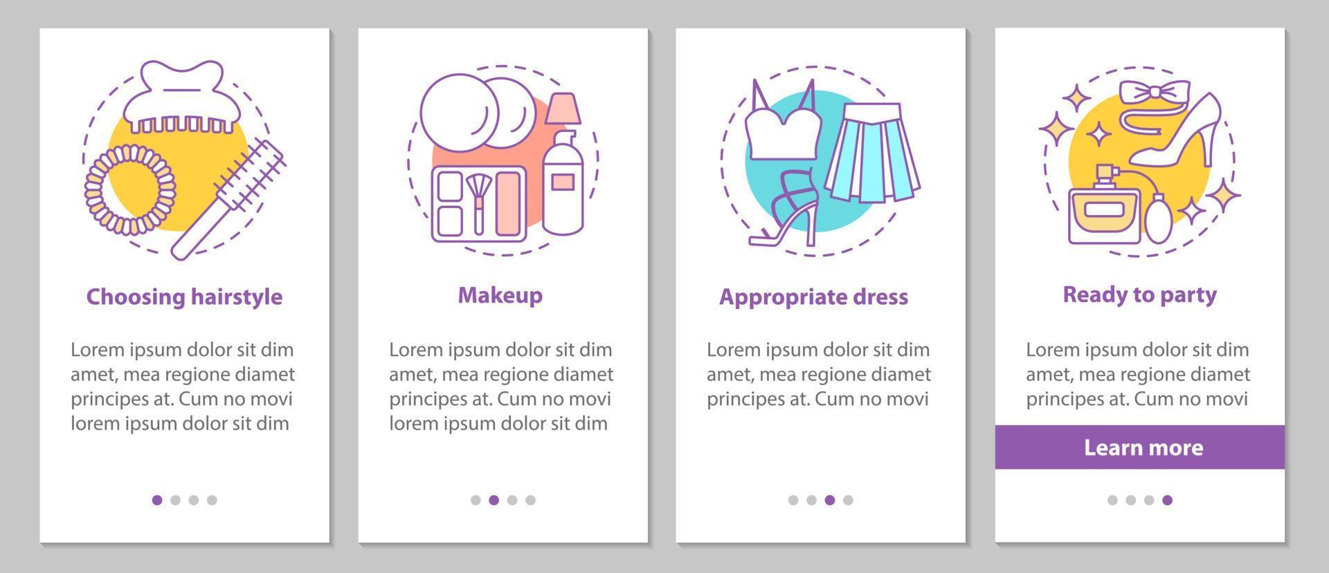 preparándose para la pantalla de la página de la aplicación móvil de incorporación de la fiesta con conceptos. salón de belleza pasos instrucciones gráficas. peinado apropiado, maquillaje, vestido. ux, ui, plantilla vectorial gui con ilustraciones vector