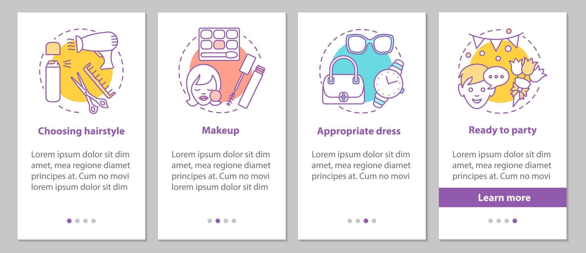 preparándose para la pantalla de la página de la aplicación móvil de incorporación de la fiesta con conceptos. salón de belleza pasos instrucciones gráficas. peinado apropiado, maquillaje, vestido. ux, ui, plantilla vectorial gui con ilustraciones vector