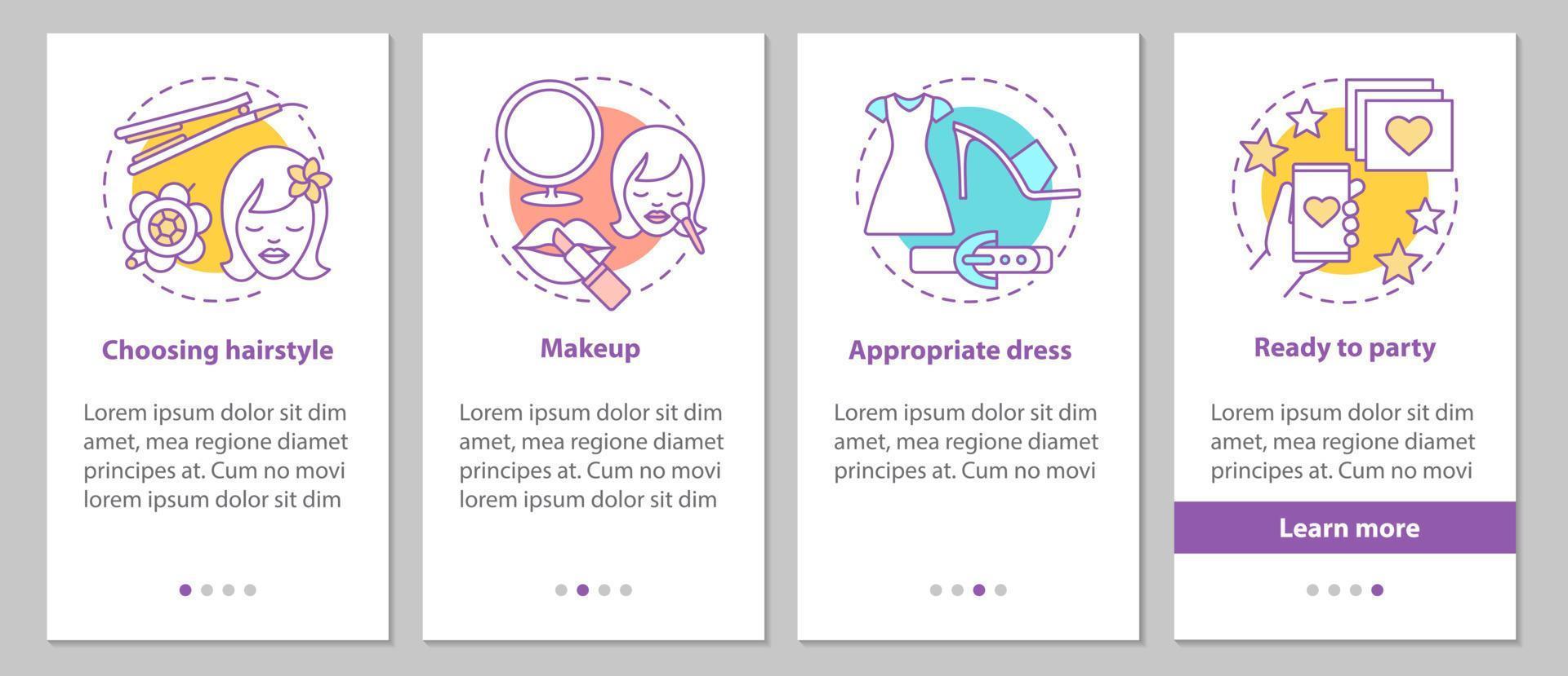 preparándose para la pantalla de la página de la aplicación móvil de incorporación de la fiesta con conceptos. salón de belleza pasos instrucciones gráficas. peinado apropiado, maquillaje, vestido. ux, ui, plantilla vectorial gui con ilustraciones vector