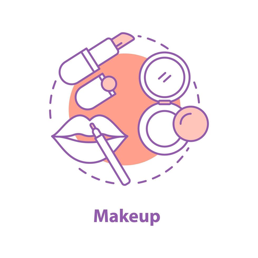Makeup concept icon. Beauty salon. Cosmetics idea thin line illustration. Lipstick, lip liner and face powder. Vector isolated outline drawing