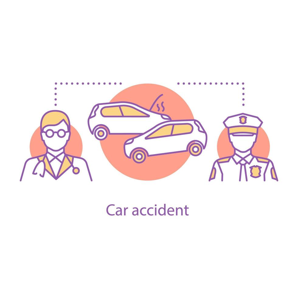 icono del concepto de accidente de coche. idea de seguro de salud ilustración de línea delgada. Recopilación de accidentes automovilísticos. policía y servicio médico. dibujo de contorno aislado vectorial vector