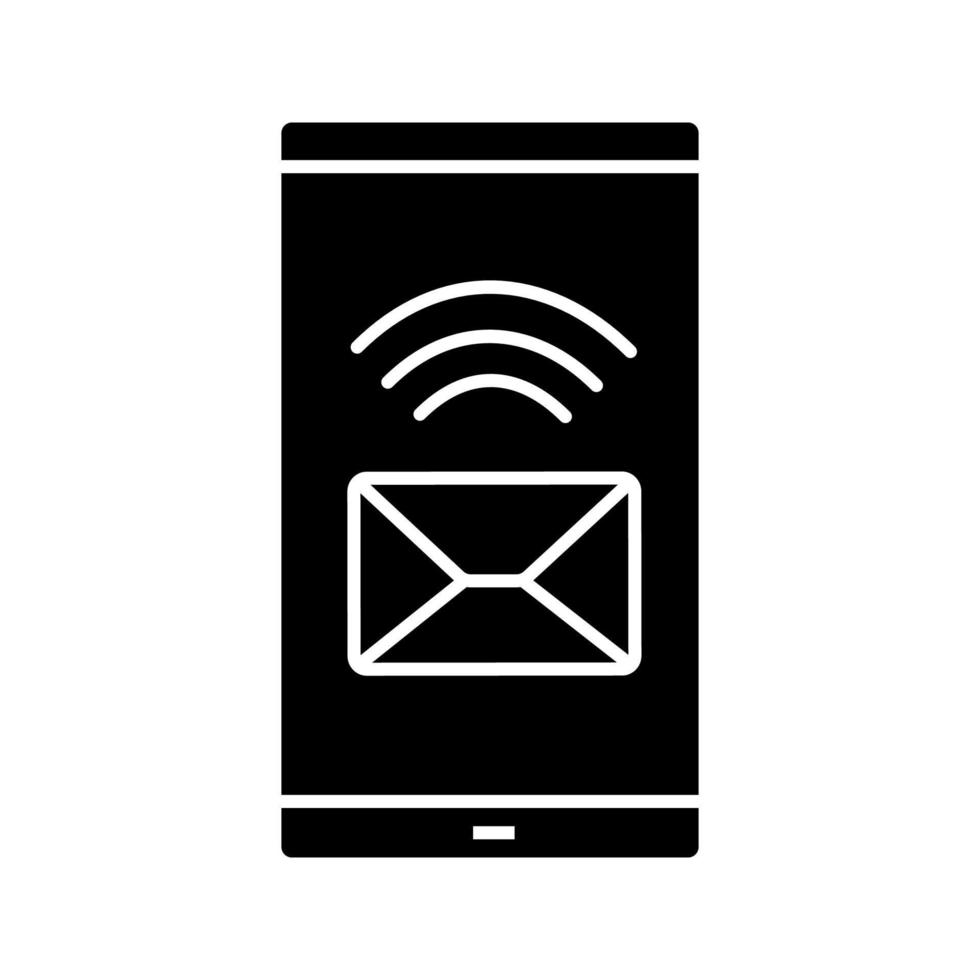 Smartphone incoming message glyph icon. Silhouette symbol. SMS. Mobile phone display with envelope. Negative space. Vector isolated illustration