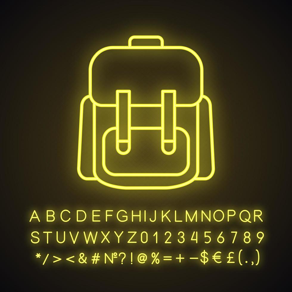 Camping backpack neon light icon. Rucksack, knapsack. Glowing sign with alphabet, numbers and symbols. Vector isolated illustration