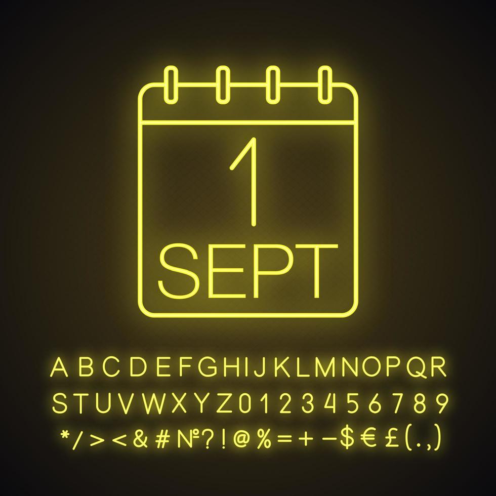 Knowledge day neon light icon. Autumn holiday. Calendar. First day of September. Glowing sign with alphabet, numbers and symbols. Vector isolated illustration