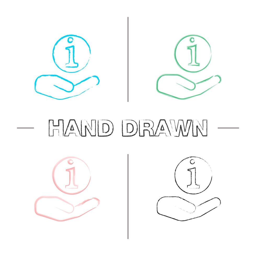 Hand holding info sign hand drawn icons set. Color brush stroke. Helpdesk. Information center. Support. Isolated vector sketchy illustrations