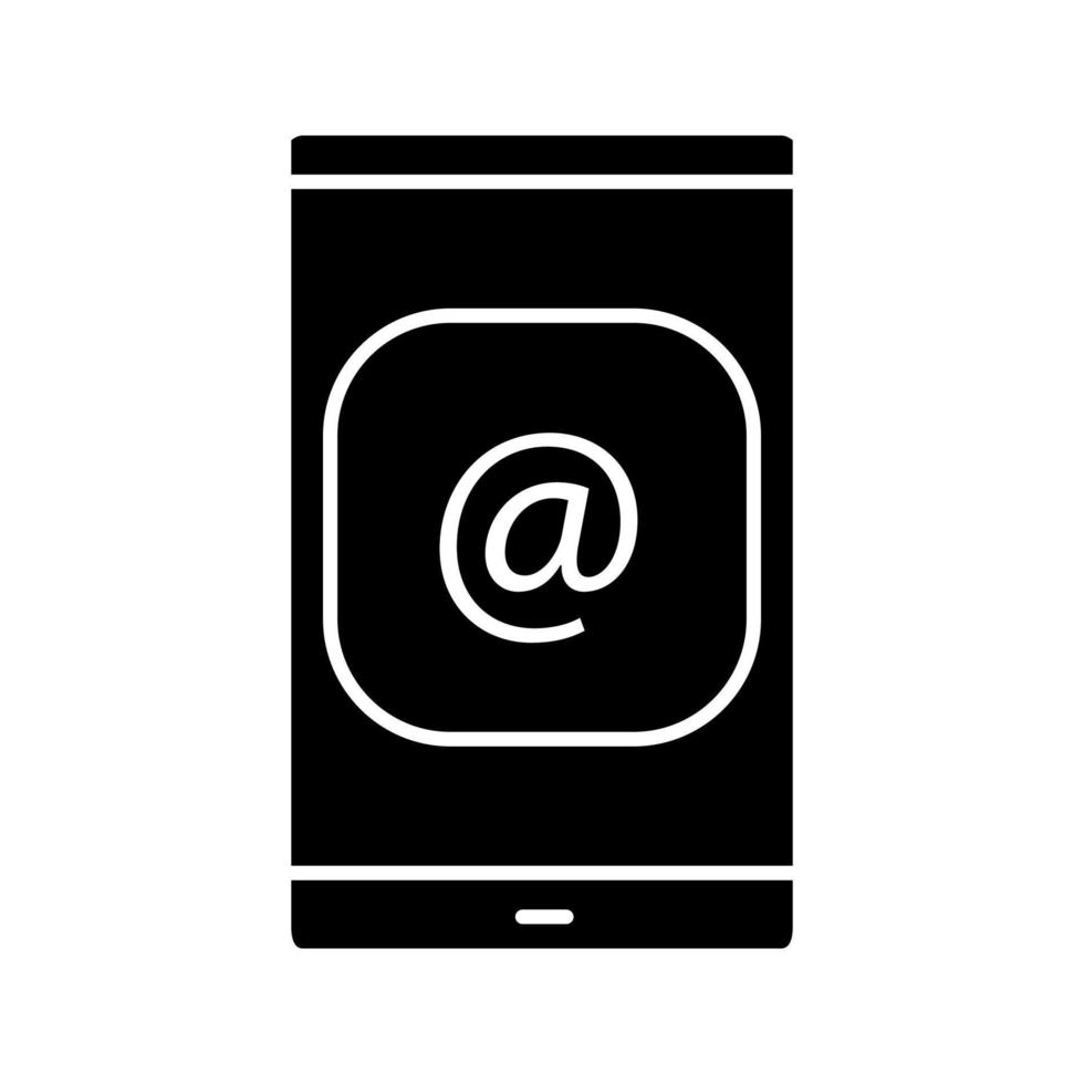 Smartphone screen with arroba sign glyph icon. Silhouette symbol. Mail app. E-mail address. Negative space. Vector isolated illustration