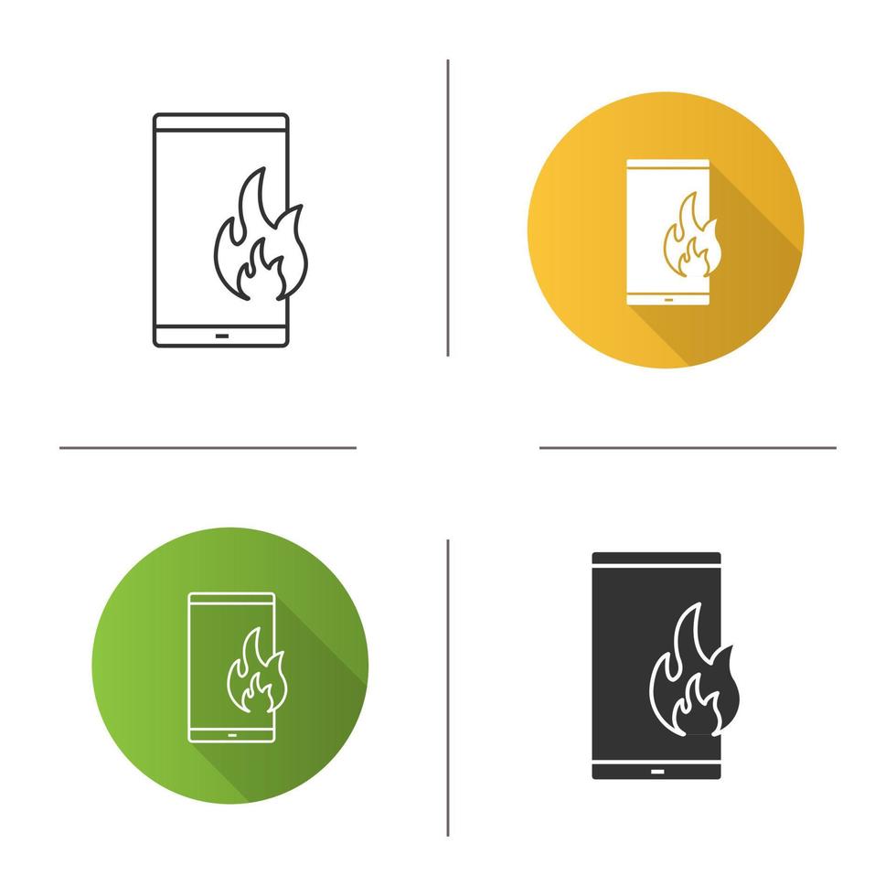 Fire emergency calling icon. Broken phone. Deadline. Smartphone with flame. Flat design, linear and glyph styles. Isolated vector illustrations