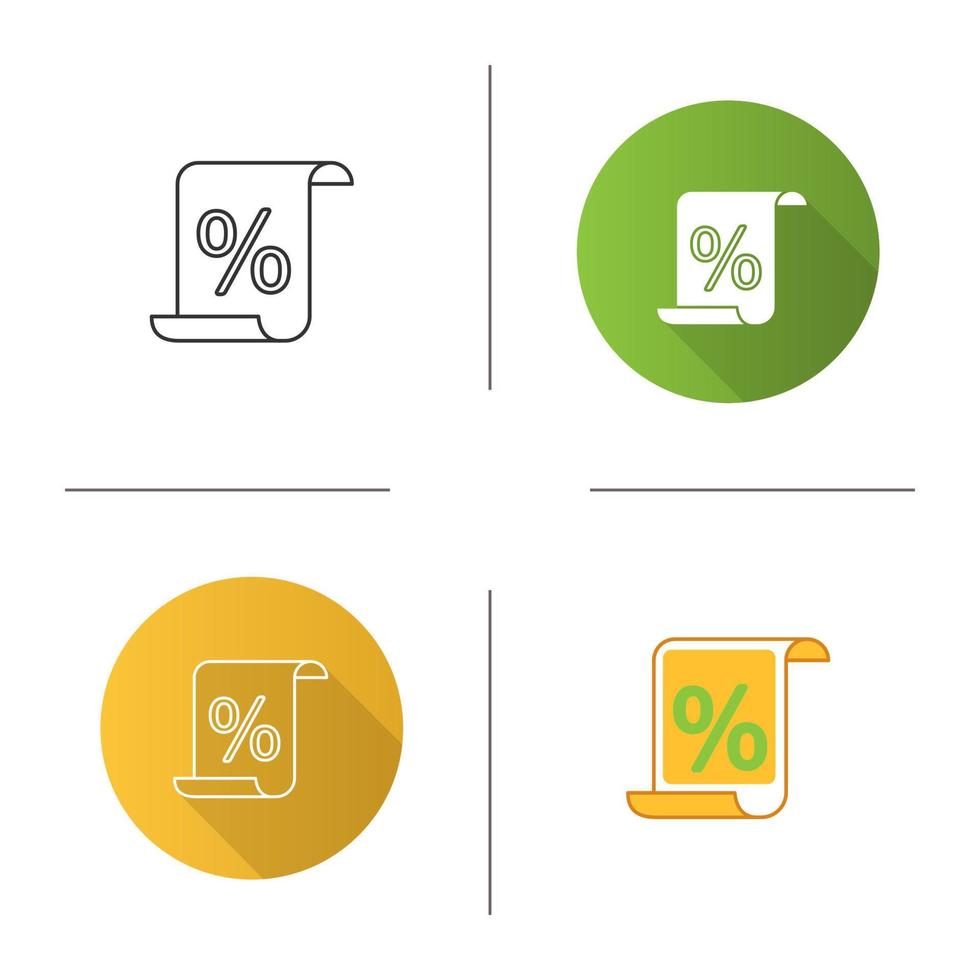 Paper scroll with percent icon. Discount document, certificate. Flat design, linear and color styles. Isolated vector illustrations