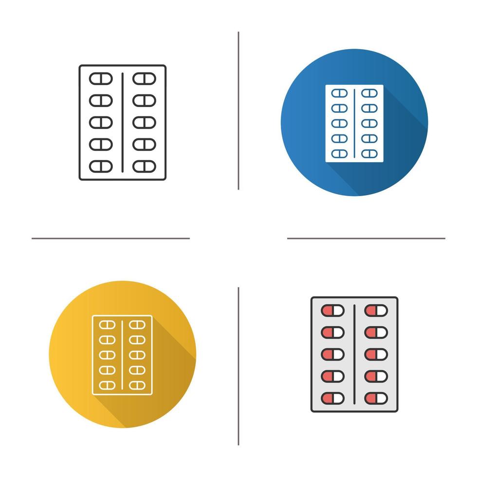 icono de blister de pastillas. medicamentos Diseño plano, estilos lineales y de color. ilustraciones de vectores aislados