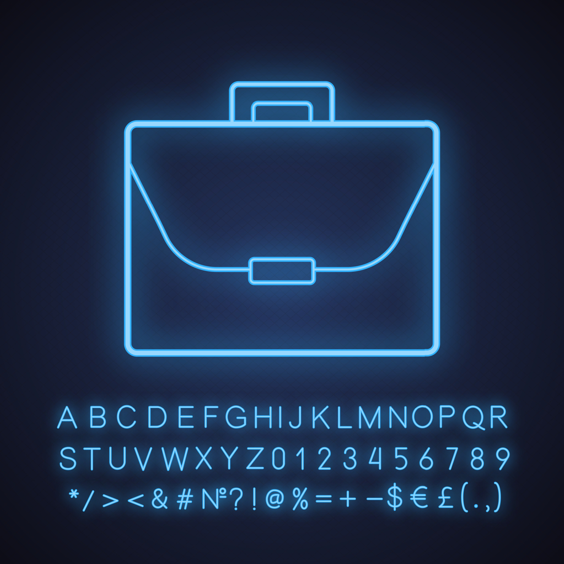 Briefcase neon light icon. Laptop bag. Glowing sign with alphabet