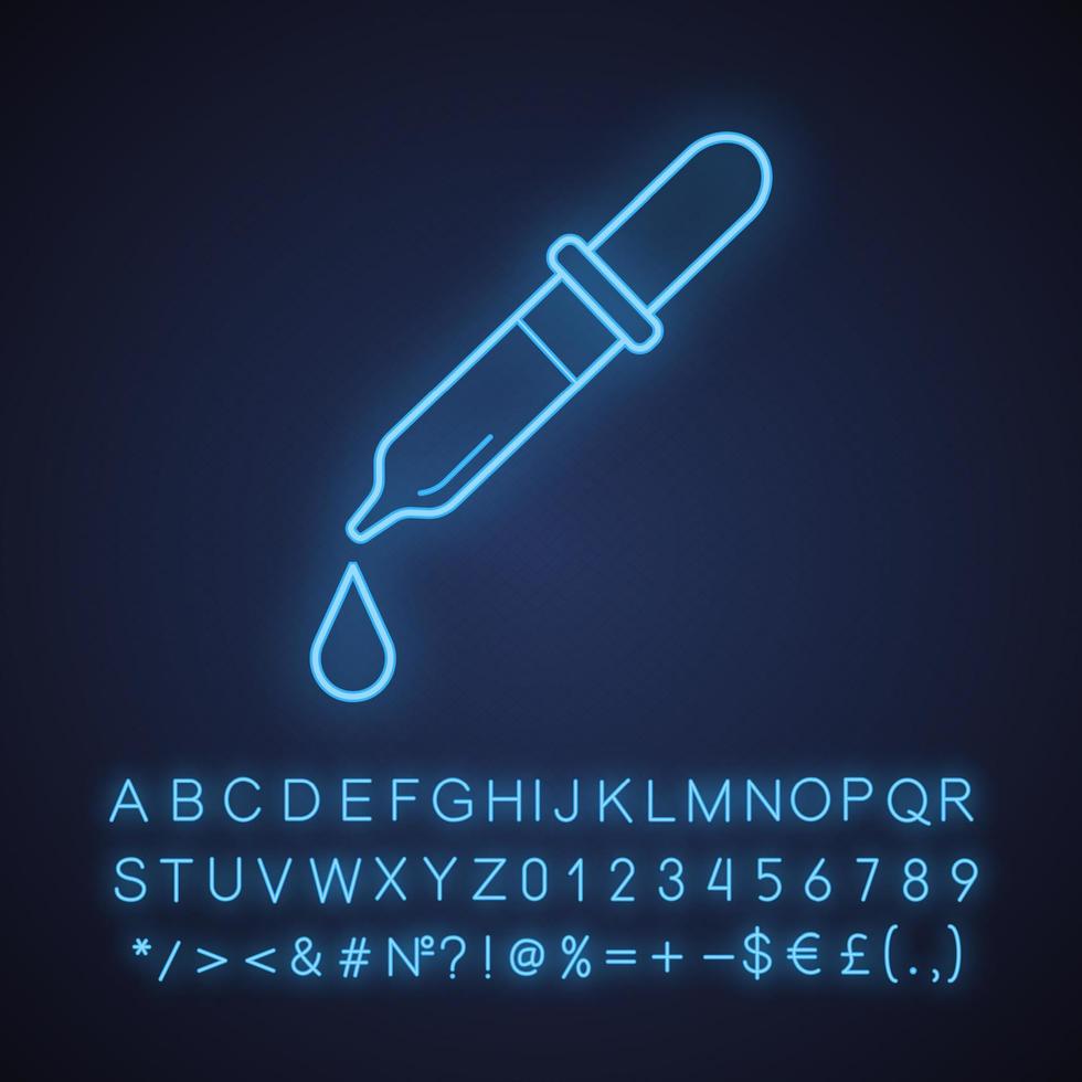 Dropper neon light icon. Pipette. Nasal or eye drops. Glowing sign with alphabet, numbers and symbols. Vector isolated illustration
