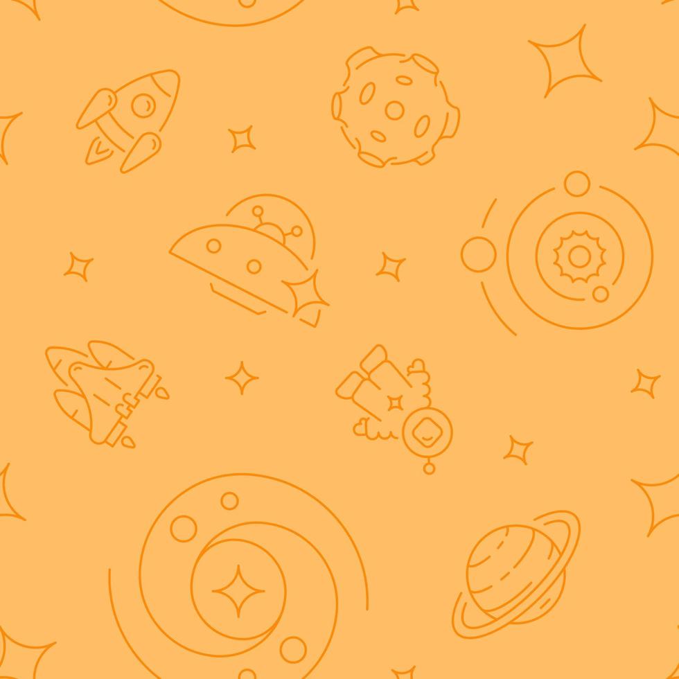 espacio interplanetario abstracto de patrones sin fisuras. formas vectoriales sobre fondo naranja. textura de moda con iconos de color de dibujos animados. diseño con elementos gráficos para decoración de interiores, telas y sitios web vector