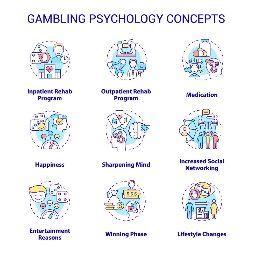 Gambling psychology concept icons set. Addiction and mental issues. Treatment and overcoming idea thin line color illustrations. Isolated outline drawings. Roboto-Medium, Myriad Pro-Bold fonts used vector