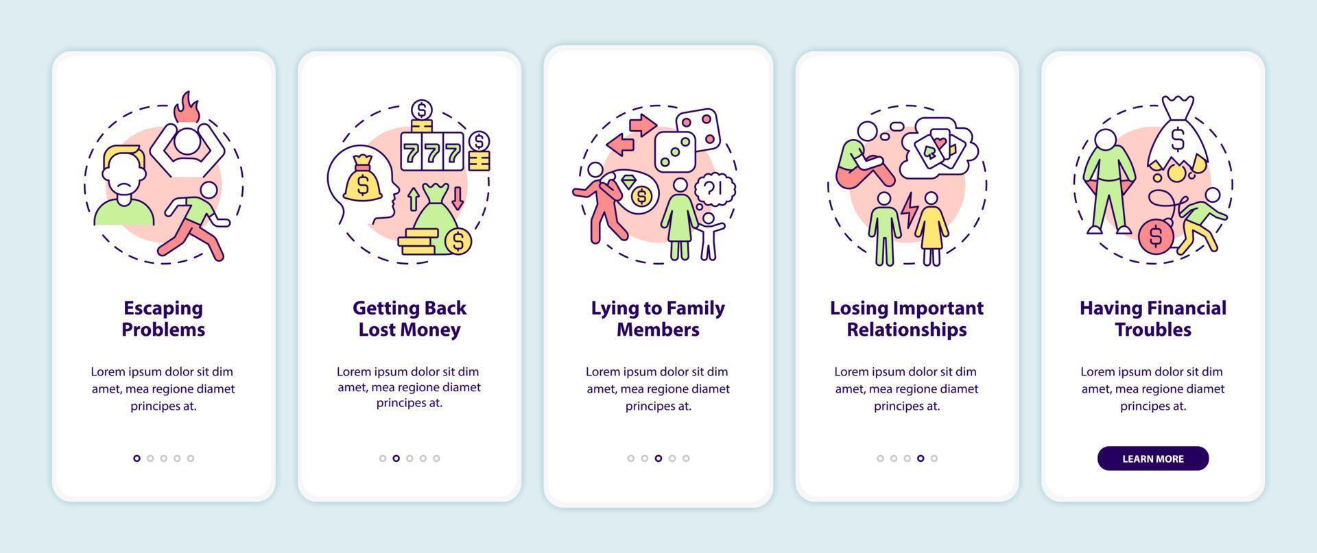 síntomas de juego compulsivo al incorporar la pantalla de la aplicación móvil. tutorial de adicción 5 pasos páginas de instrucciones gráficas con conceptos lineales. interfaz de usuario, ux, plantilla de interfaz gráfica de usuario. innumerables fuentes pro-negrita y regulares utilizadas vector