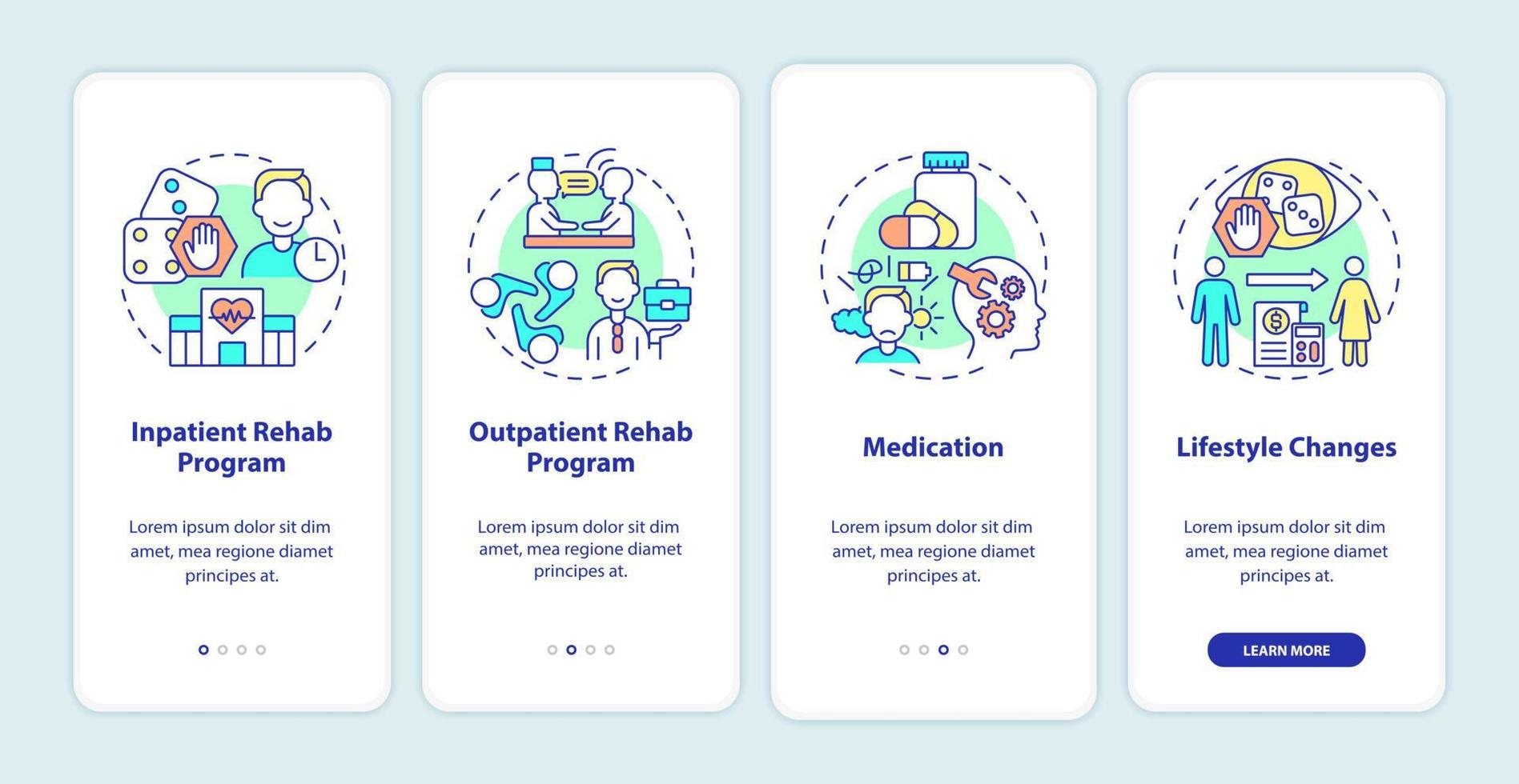 Gambling addiction treatment onboarding mobile app screen. Rehab walkthrough 4 steps graphic instructions pages with linear concepts. UI, UX, GUI template. Myriad Pro-Bold, Regular fonts used vector