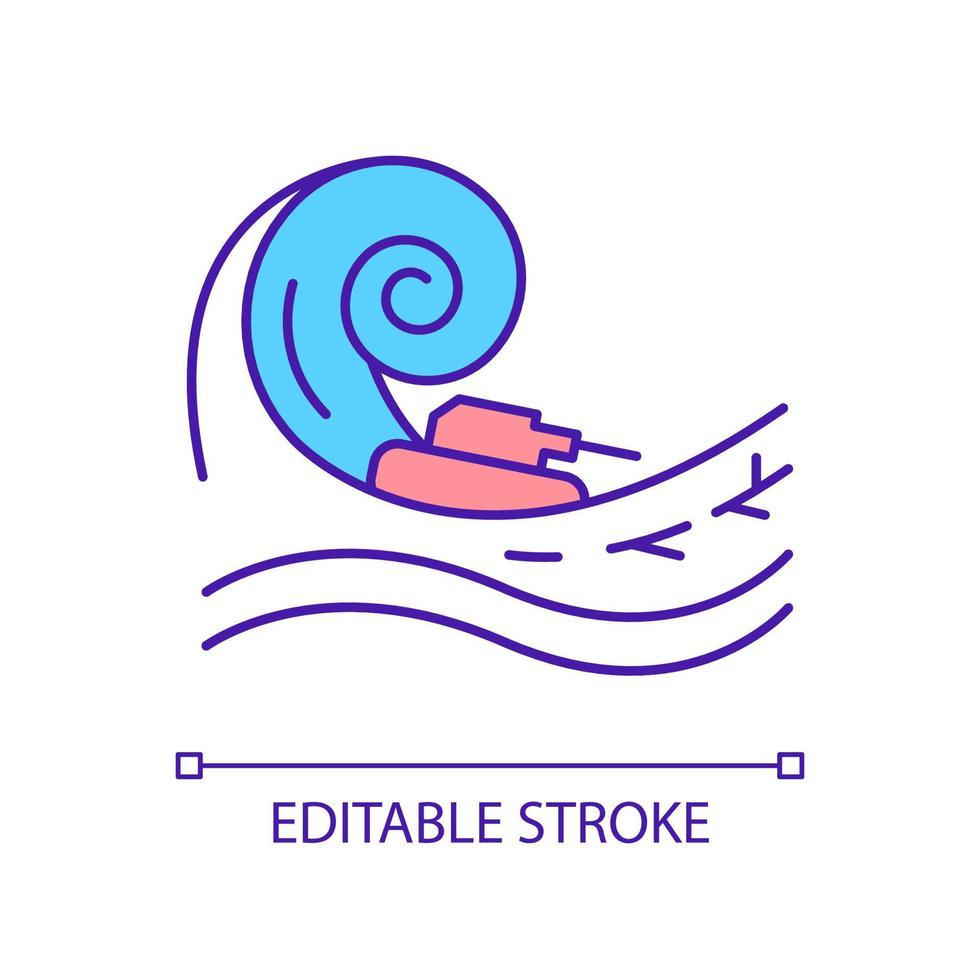 Cataclysm RGB color icon. Natural disaster. Flooding and deluge. Military property damage. Climate change. Isolated vector illustration. Simple filled line drawing. Editable stroke. Arial font used