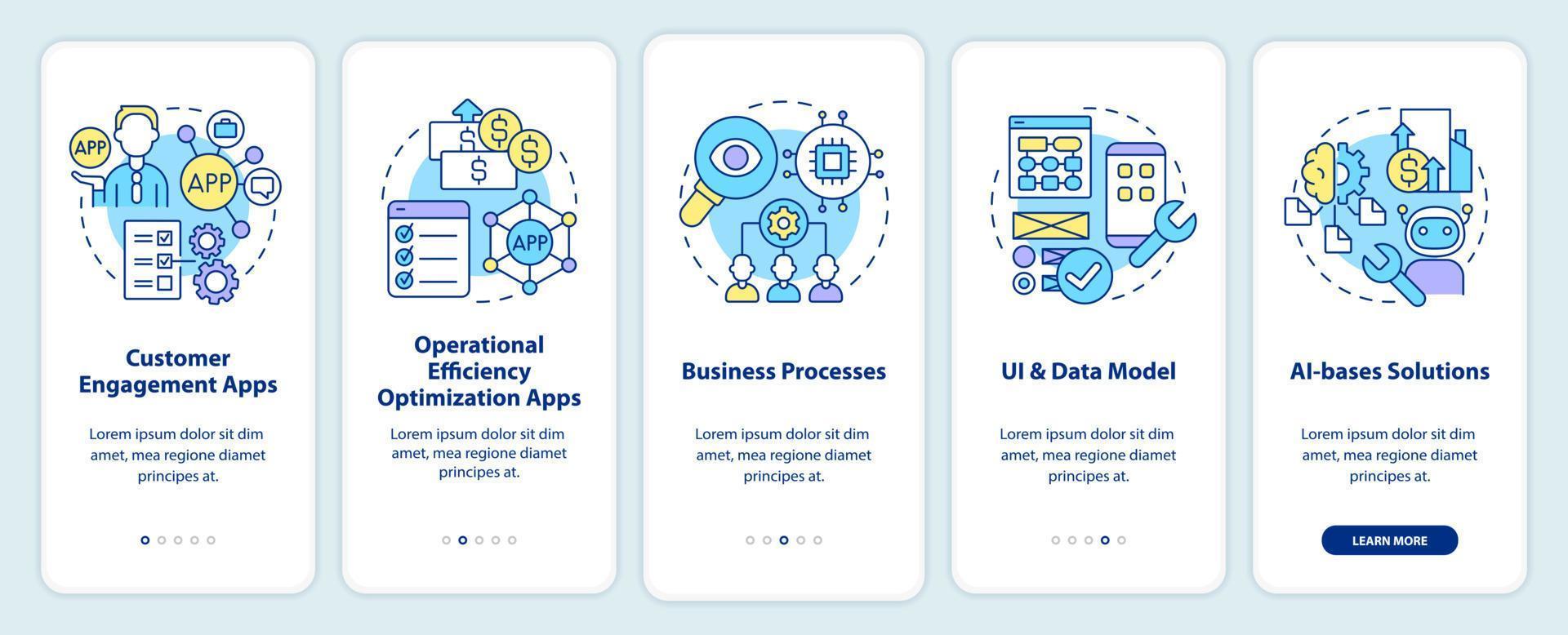 Apps created with low code platforms onboarding mobile app screen. Web walkthrough 5 steps graphic instructions pages with linear concepts. UI, UX, GUI template. Myriad Pro-Bold, Regular fonts used vector