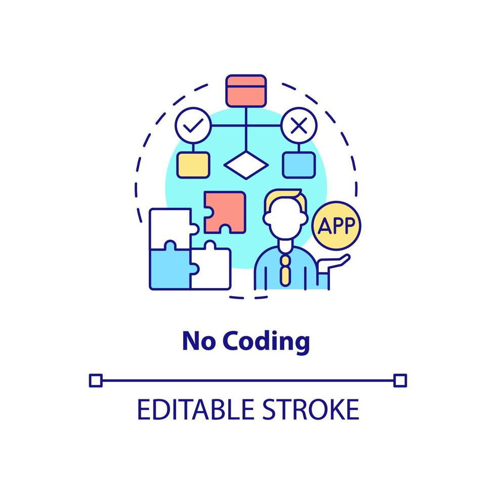 sin icono de concepto de codificación. construir una plataforma con bajos requisitos de código. web 3 0 idea abstracta ilustración de línea delgada. dibujo de contorno aislado. trazo editable. arial, innumerables fuentes pro-bold utilizadas vector