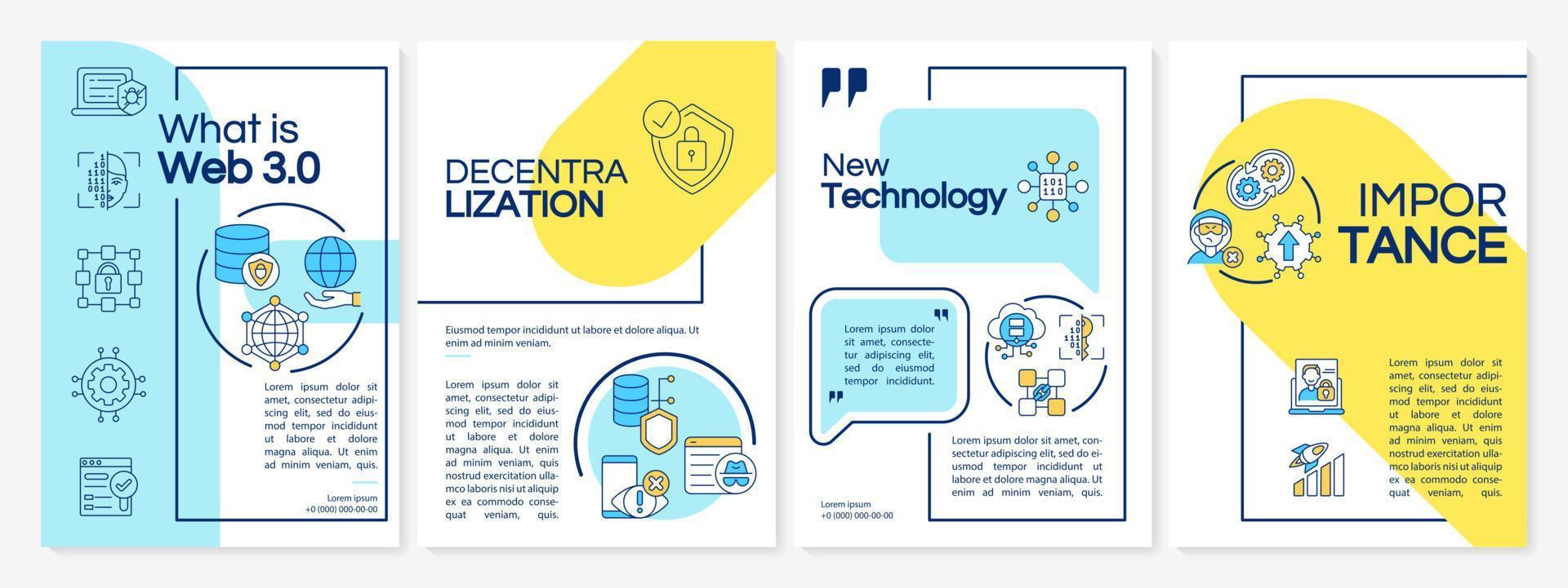 What is Web 3 0 blue and yellow brochure template. Low code. Booklet print design with linear icons. Vector layouts for presentation, annual reports, ads. Questrial-Regular, Lato-Regular fonts used