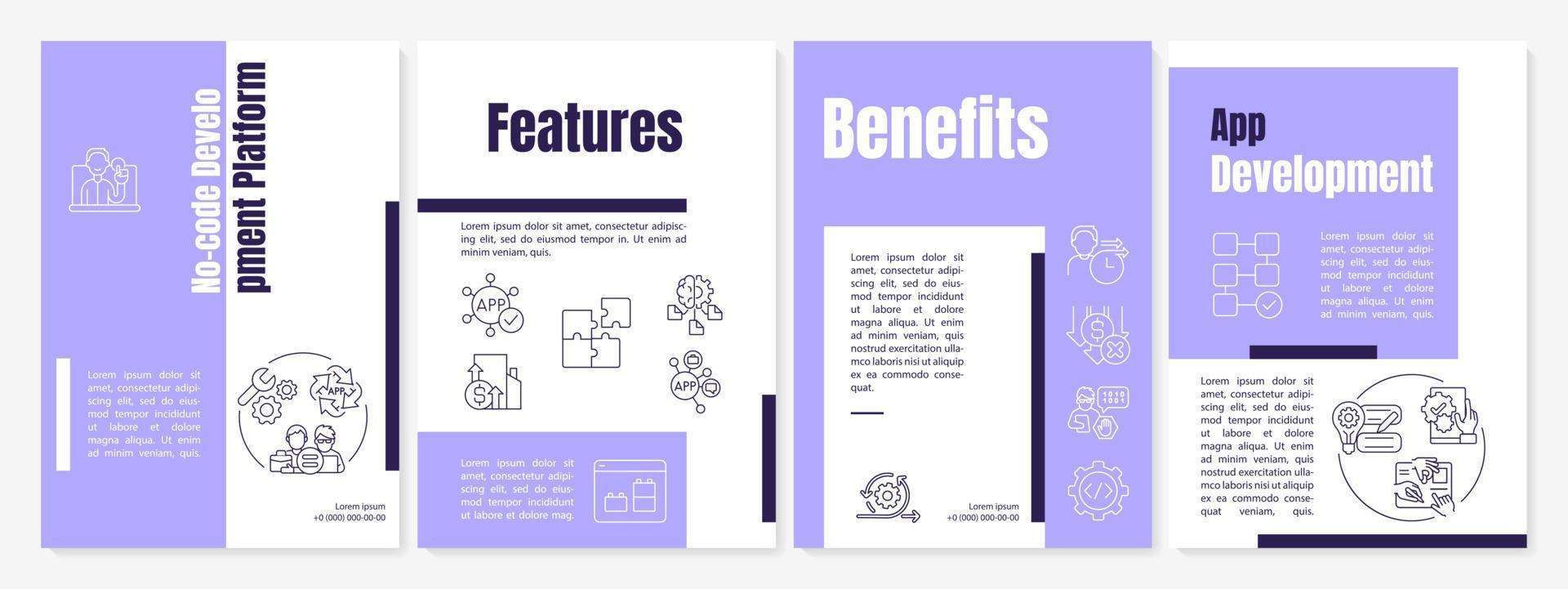 No code platforms purple brochure template. Web 3 0. Booklet print design with linear icons. Vector layouts for presentation, annual reports, ads. Anton-Regular, Lato-Regular fonts used