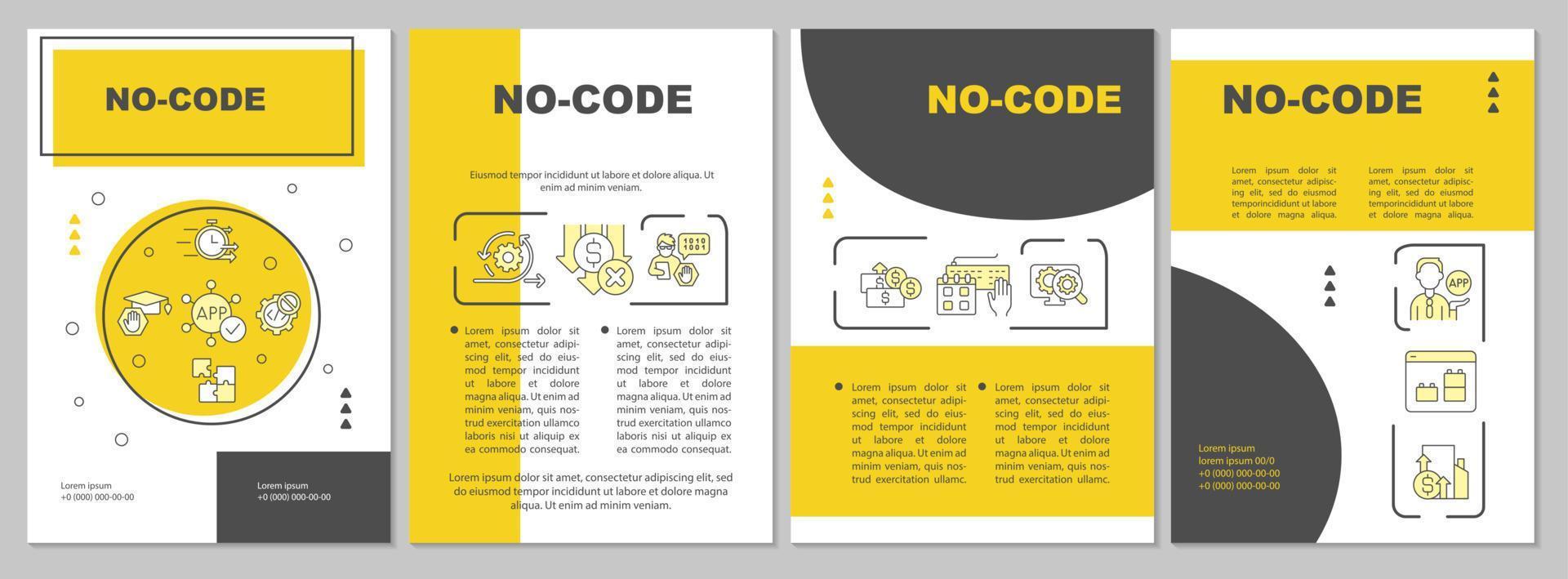No code yellow brochure template. Web 3 0 solutions. Booklet print design with linear icons. Vector layouts for presentation, annual reports, ads. Arial-Black, Myriad Pro-Regular fonts used