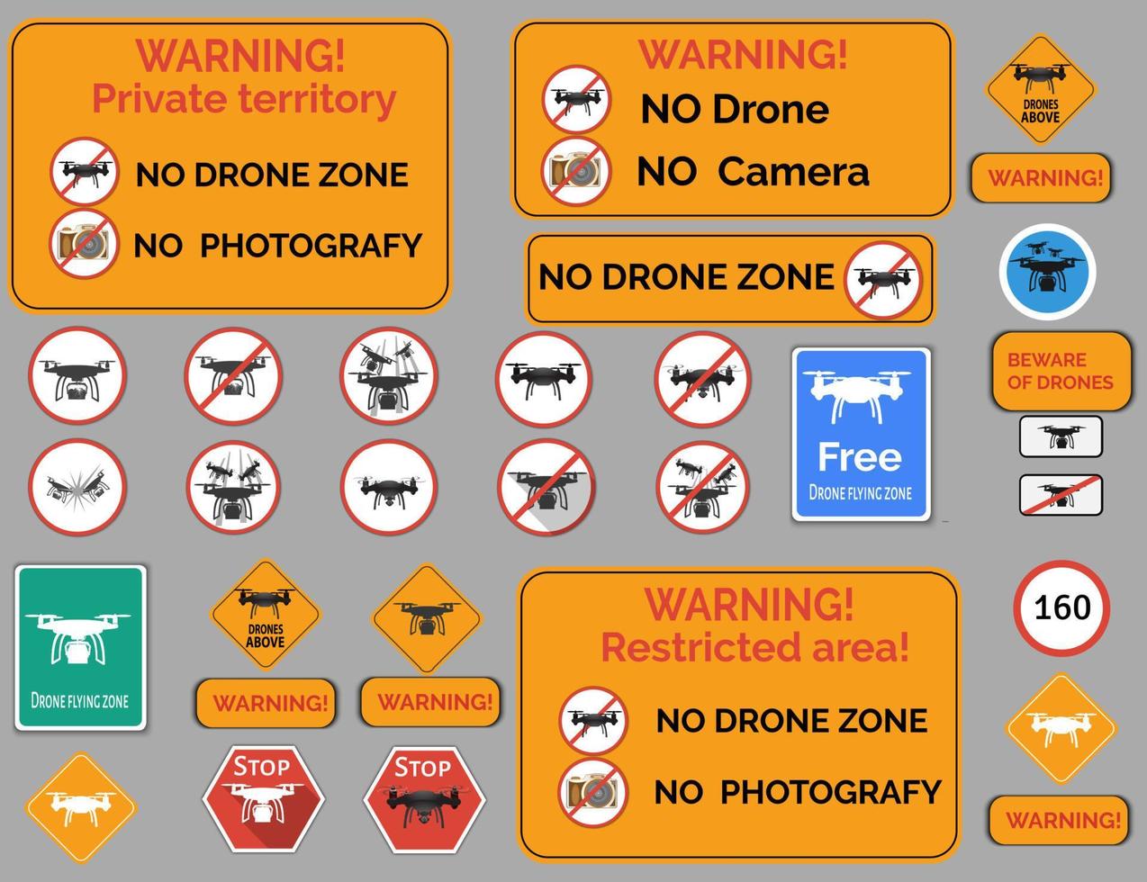 Drone warning sign. Vector set of different warning and forbidden signs with drone quadcopter.