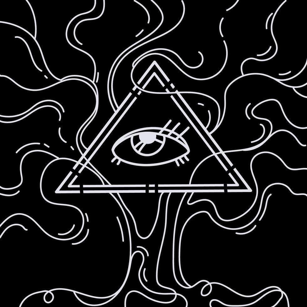 vector de ojo que todo lo ve, símbolo illuminati en triángulo con árbol sobre fondo negro, tatuaje o diseño de impresión. ojo de la providencia signo oculto. ilustración vectorial