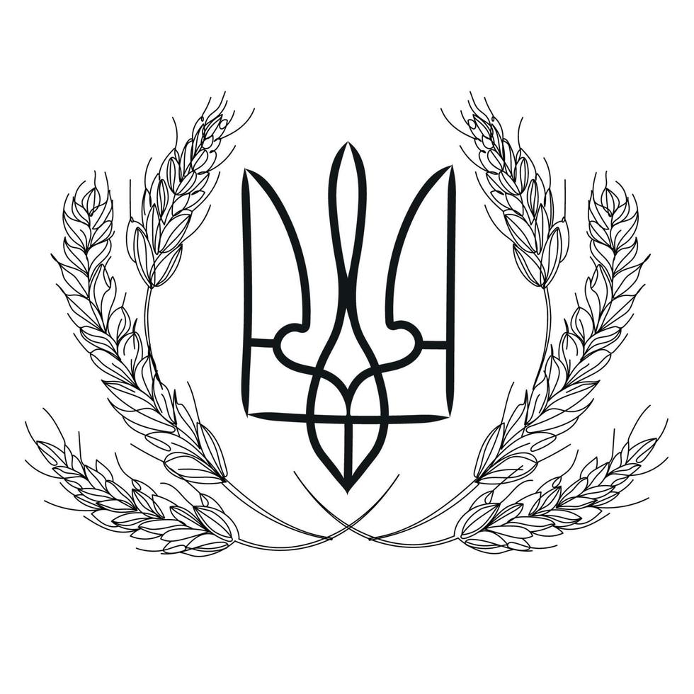 Coat of arms of Ukraine with ears of wheat vector outline illustration.Patriotic symbol terdent,logo design,icon,emblem isolated on white background