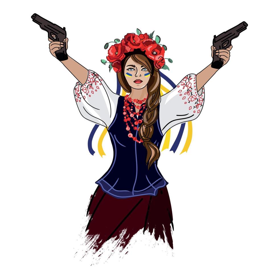 Ukrainian armed woman vector illustration.Woman activist in national dress and wreath of flowers isolated on white background.War in Ukraine
