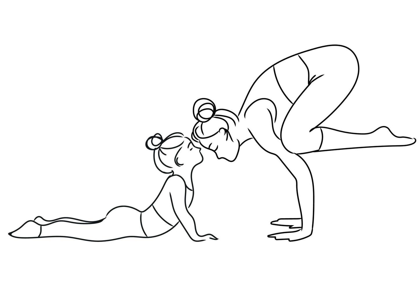 Mother and daughter do yoga and perform assanas.Fitness classes with children,outline vector illustration.Mental and physical health of mother and child concept