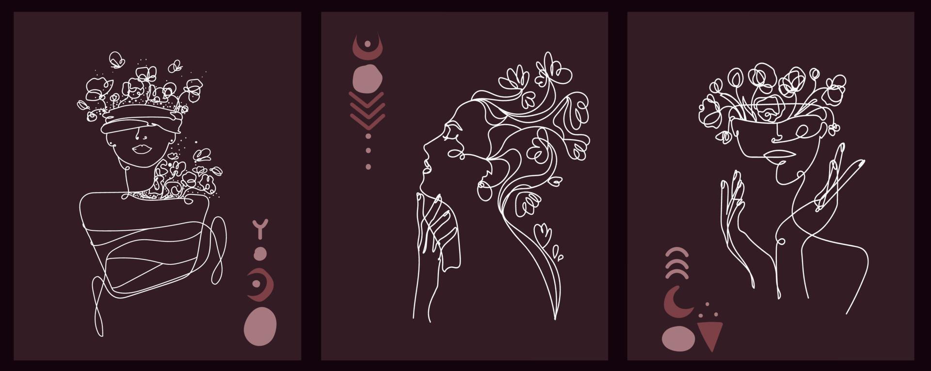 Surreal Faces,abstract women with flowers.Line art posters collection,female characters with growing flowers in their head with accult signs.Modern art.Vector beauty and fashion design vector