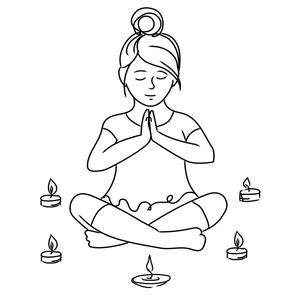 Little girl meditating in lotus position,outline vector illustration isolated on white background.Kids yoga ,children mental health concept.