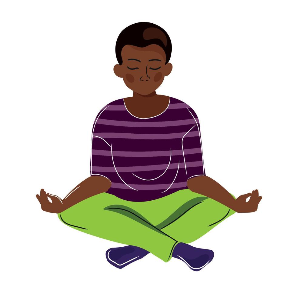 African American Kid doing yoga, meditating.Little boy sitting in lotus position.Children's physical development and Mental health concept.Vector cartoon illustration vector