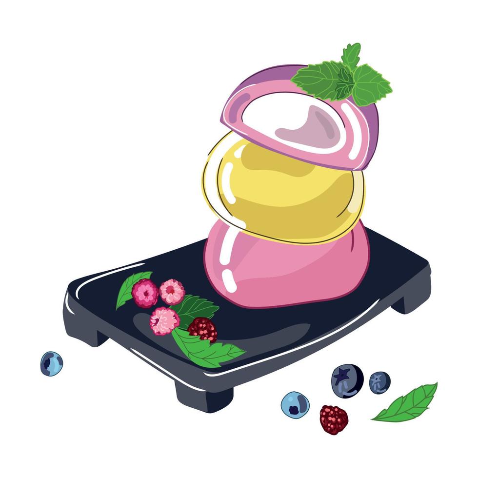 Japanese mochi dessert vector illustration.Design for Asian confectionery,patisserie menu.Three colored daifuku with wild berries,on a tray,cartoon illustration on white background.Oriental Cuisine