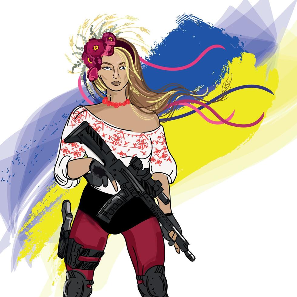 Ukrainian woman warrior with a weapon in her hands on the background of the Flag of Ukraine vector illustration.Character Woman activist cartoon drawing,resistance concept.Stop war in Ukraine