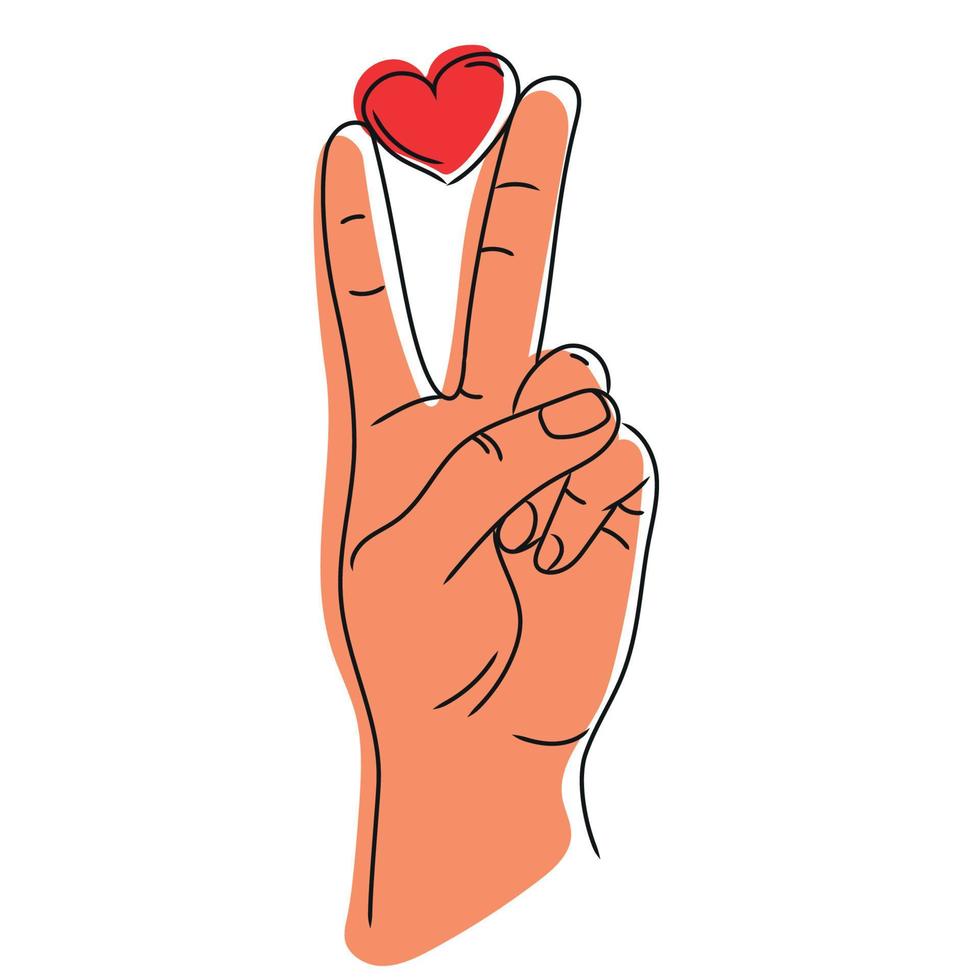 Peace hand gesture sign with heart in fingers. Peace love concept.Vector sketch illustration isolated on white background vector