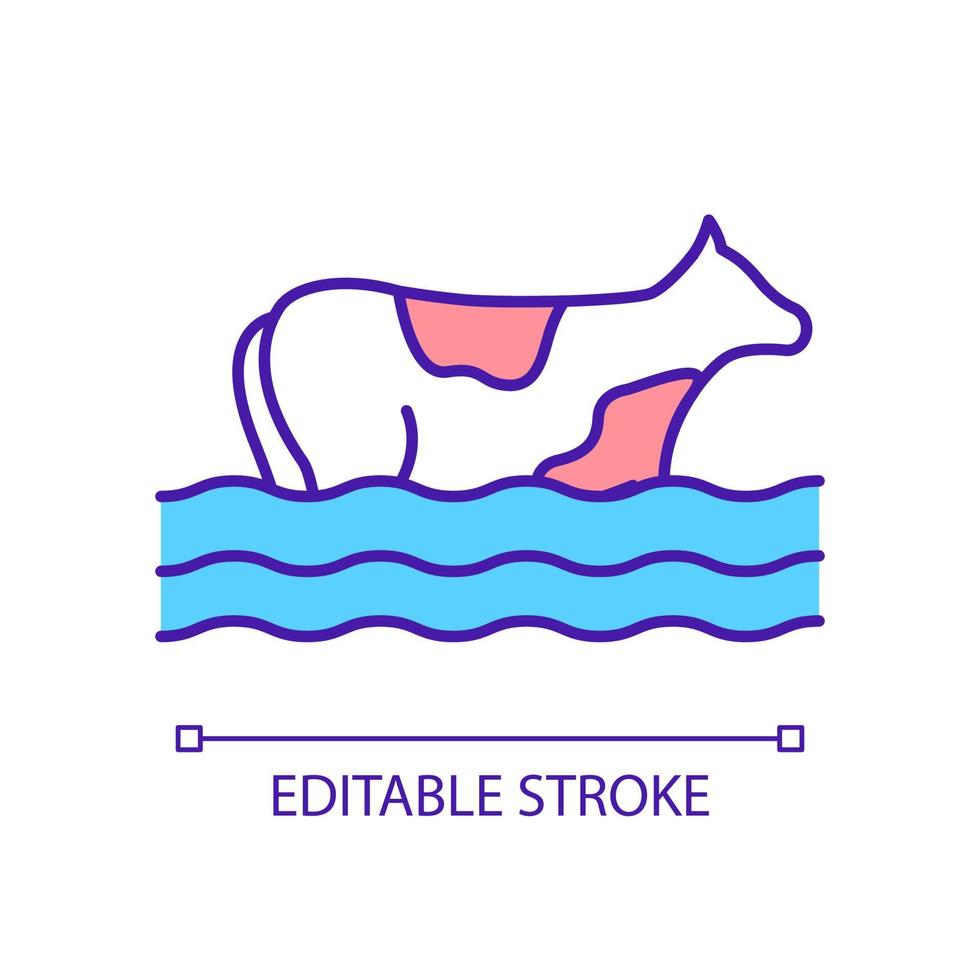 Farm flooding RGB color icon. Agriculture and farming damage. Rising sea level. Global warming. Isolated vector illustration. Simple filled line drawing. Editable stroke. Arial font used
