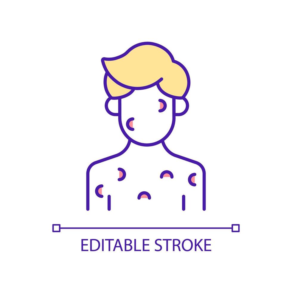 Skin disorder RGB color icon. Sign and symptom of disease. Dermatological illness. Rash treatment. Isolated vector illustration. Simple filled line drawing. Editable stroke. Arial font used
