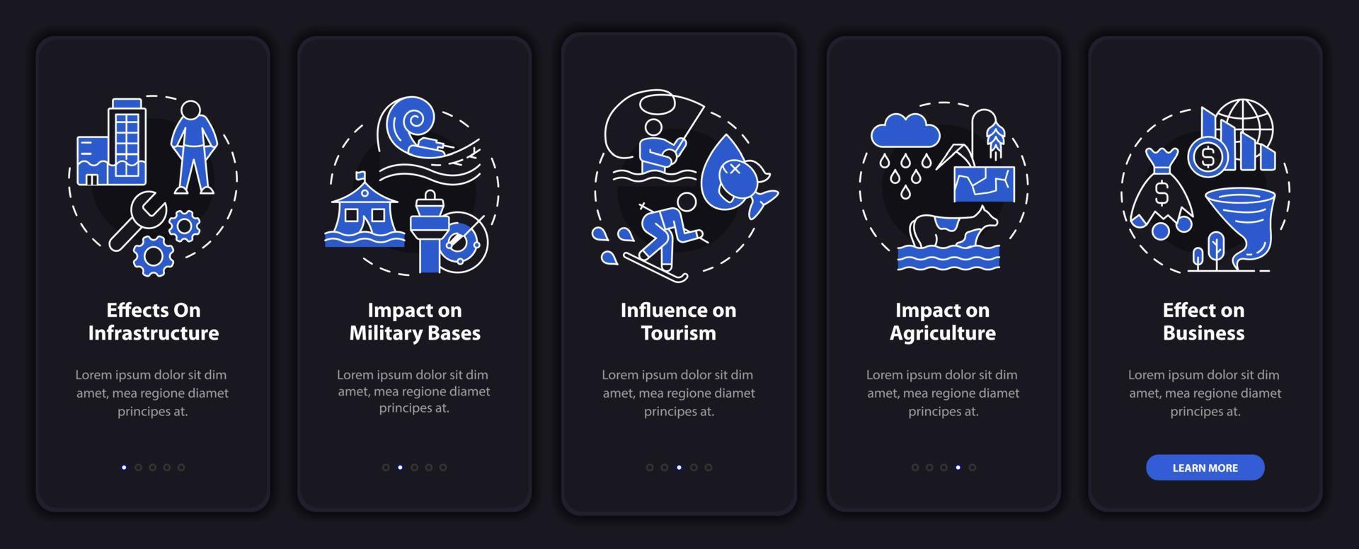 Climate change and economy night mode onboarding mobile app screen. Walkthrough 5 steps graphic instructions pages with linear concepts. UI, UX, GUI template. Myriad Pro-Bold, Regular fonts used vector