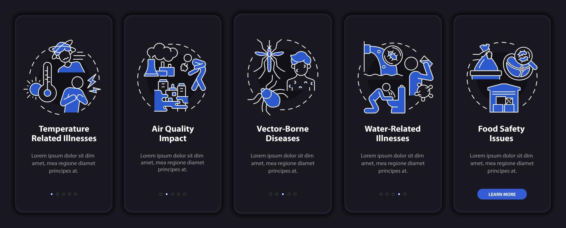 Climate change and health night mode onboarding mobile app screen. Walkthrough 5 steps graphic instructions pages with linear concepts. UI, UX, GUI template. Myriad Pro-Bold, Regular fonts used vector