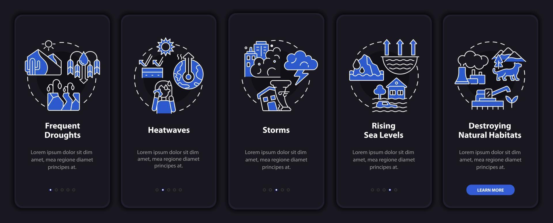 Effects of climate change night mode onboarding mobile app screen. Walkthrough 5 steps graphic instructions pages with linear concepts. UI, UX, GUI template. Myriad Pro-Bold, Regular fonts used vector