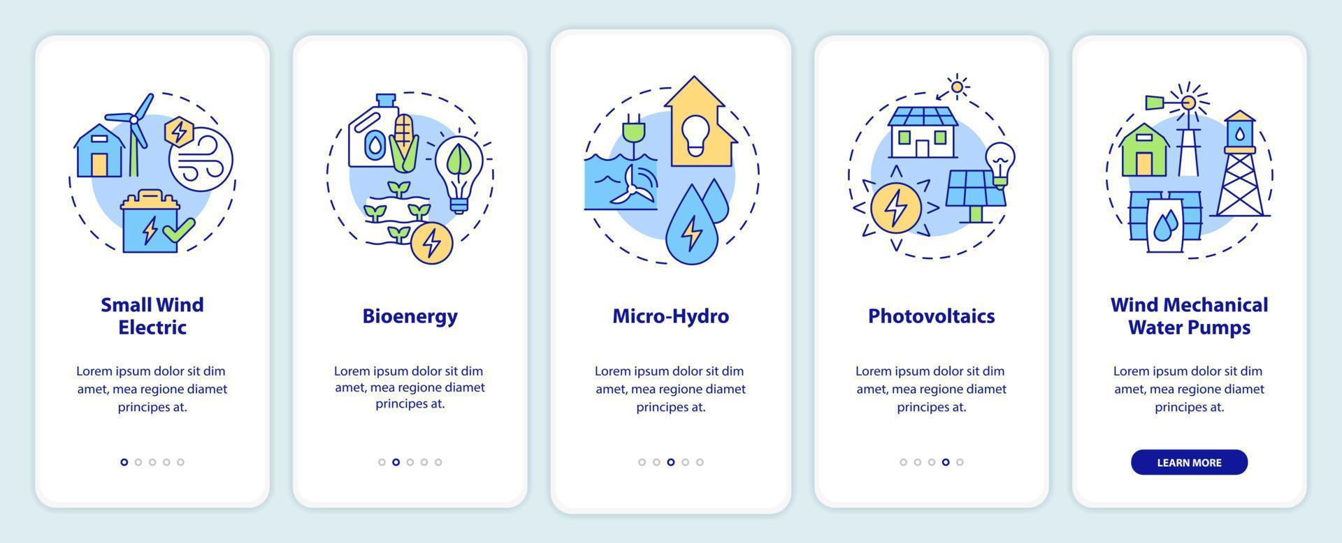 Rural electrification technology onboarding mobile app screen. Walkthrough 5 steps graphic instructions pages with linear concepts. UI, UX, GUI template. Myriad Pro-Bold, Regular fonts used vector