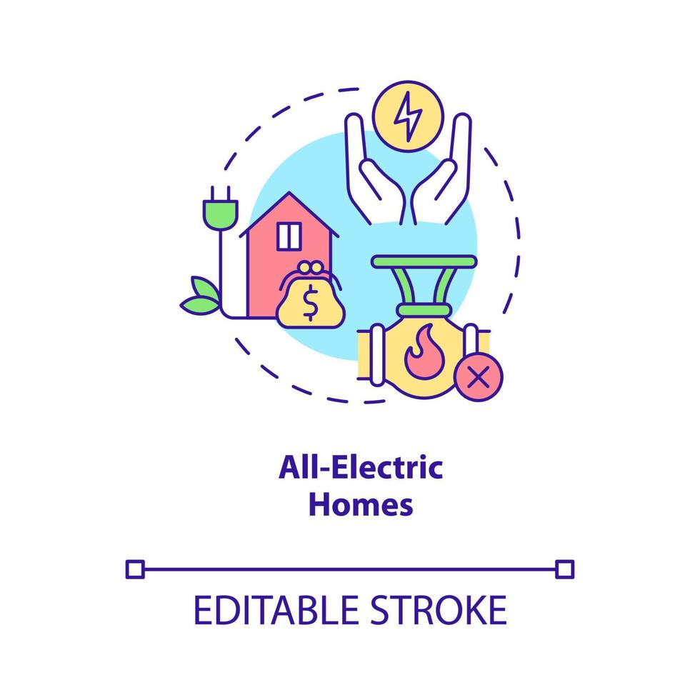 All electric homes concept icon. Benefits of electrification abstract idea thin line illustration. Isolated outline drawing. Editable stroke. Roboto-Medium, Myriad Pro-Bold fonts used vector