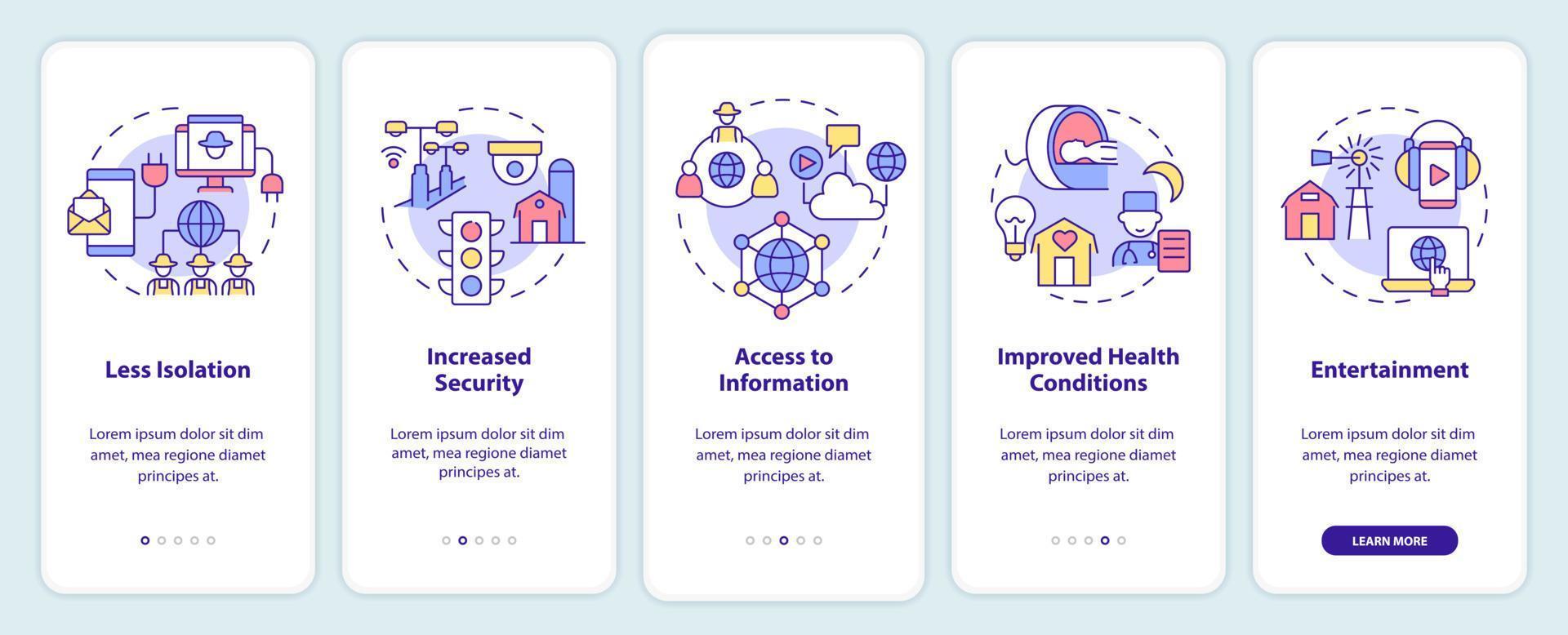 beneficios de los servicios de energía y reincorporación de la pantalla de la aplicación móvil. tutorial 5 pasos páginas de instrucciones gráficas con conceptos lineales. interfaz de usuario, ux, plantilla de interfaz gráfica de usuario. innumerables fuentes pro-negrita y regulares utilizadas vector