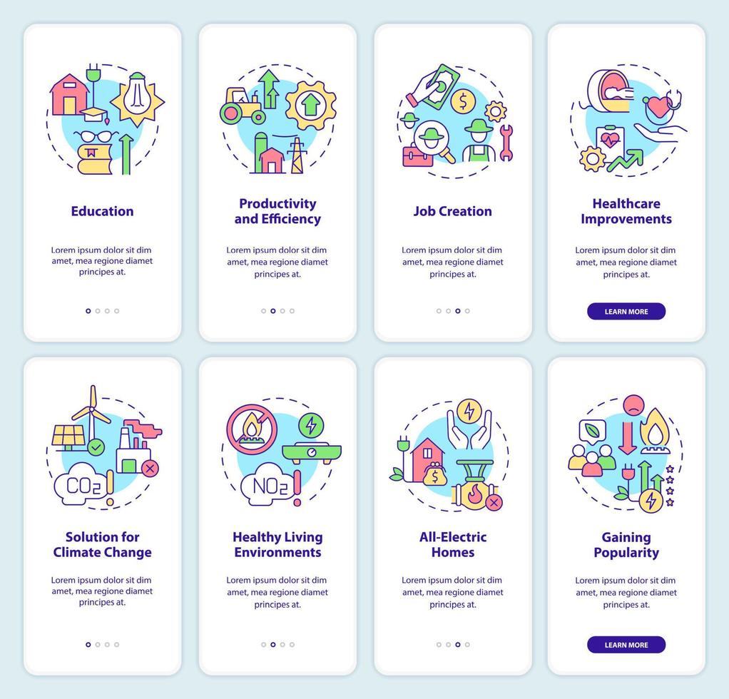 Conjunto de pantalla de aplicación móvil de incorporación de electrificación rural. Tutorial de energía verde 4 pasos páginas de instrucciones gráficas con conceptos lineales. interfaz de usuario, ux, plantilla de interfaz gráfica de usuario. innumerables fuentes pro-negrita y regulares utilizadas vector