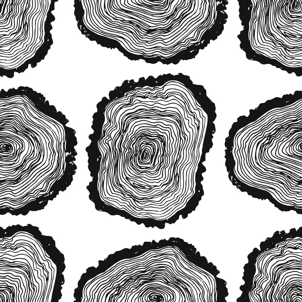 Cross-section of a tree seamless pattern hand draw. Tree rings hand draw seamless vector pattern. Saw cut tree trunk background. Vector seamless pattern.