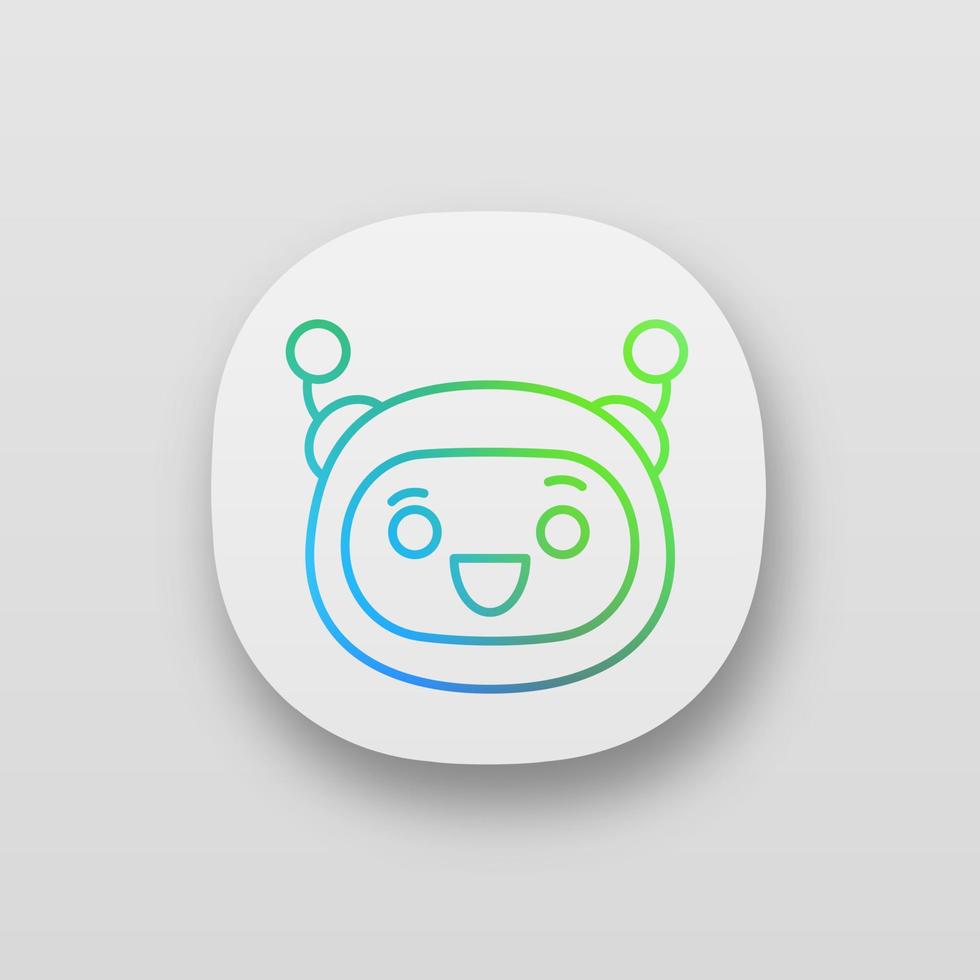 Excited robot emoji app icon. Laughing chatbot smiley with broad smile and open eyes. UI UX user interface. Happy chat bot emoticon. Web or mobile application. Vector isolated illustration