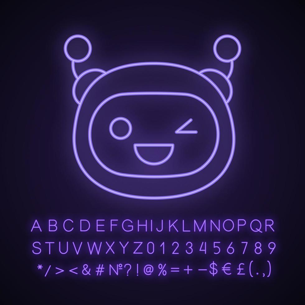 Winking robot emoji neon light icon. Happy and funny chatbot smiley. Glowing sign with alphabet, numbers and symbols. Chat bot emoticon. Vector isolated illustration